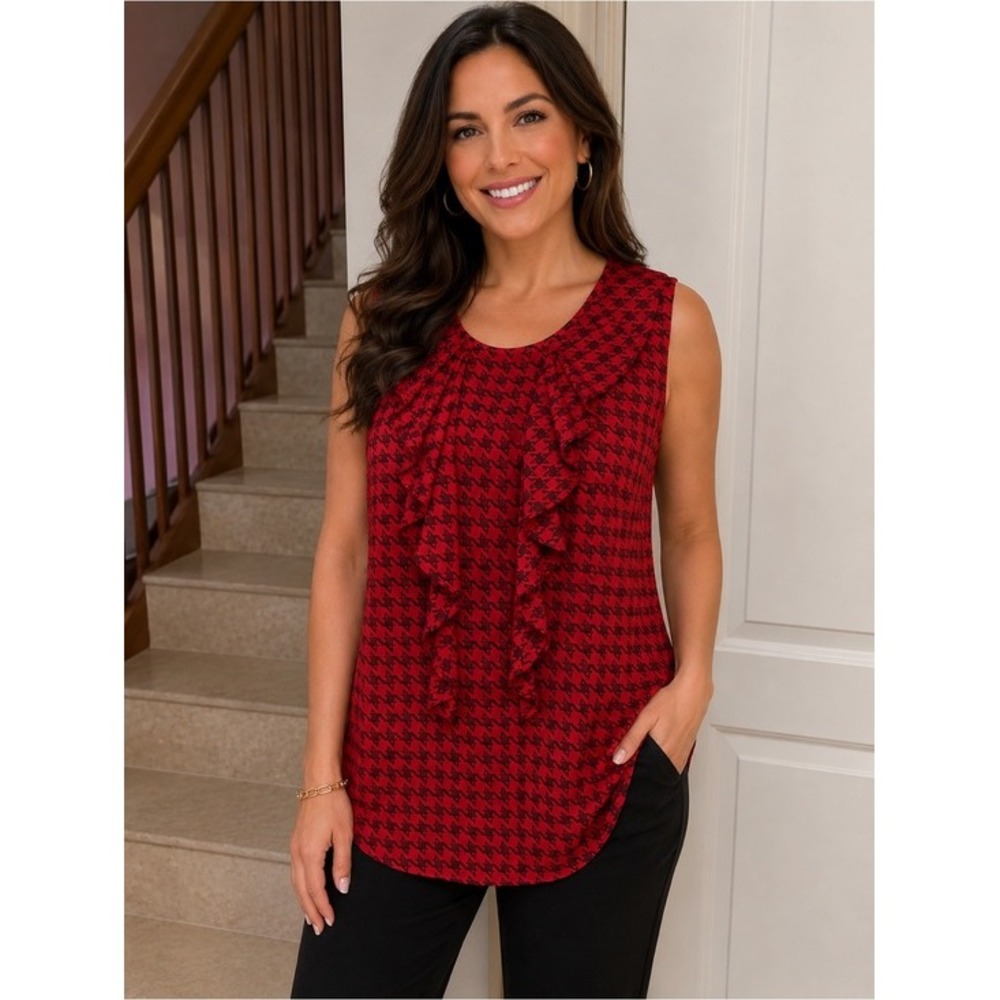 ELLE. Red/Black sleeveless top, with ruffles in front. Houndstooth pattern. XL.
